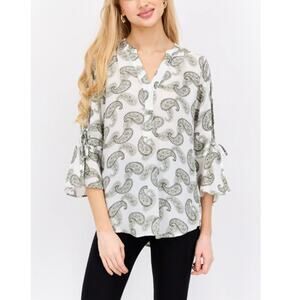 41 Hawthorn Size XS White VNeck Long Sleeve Paisley Blouse Top Casual Business